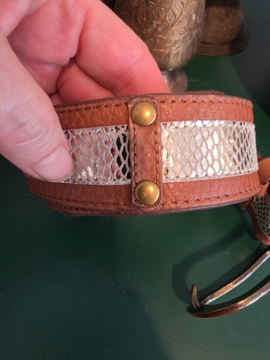 Chico’s Brown Wide Leather Belt  Silver & Brass Buckle Sz M Boho Cowgirl NWOT
